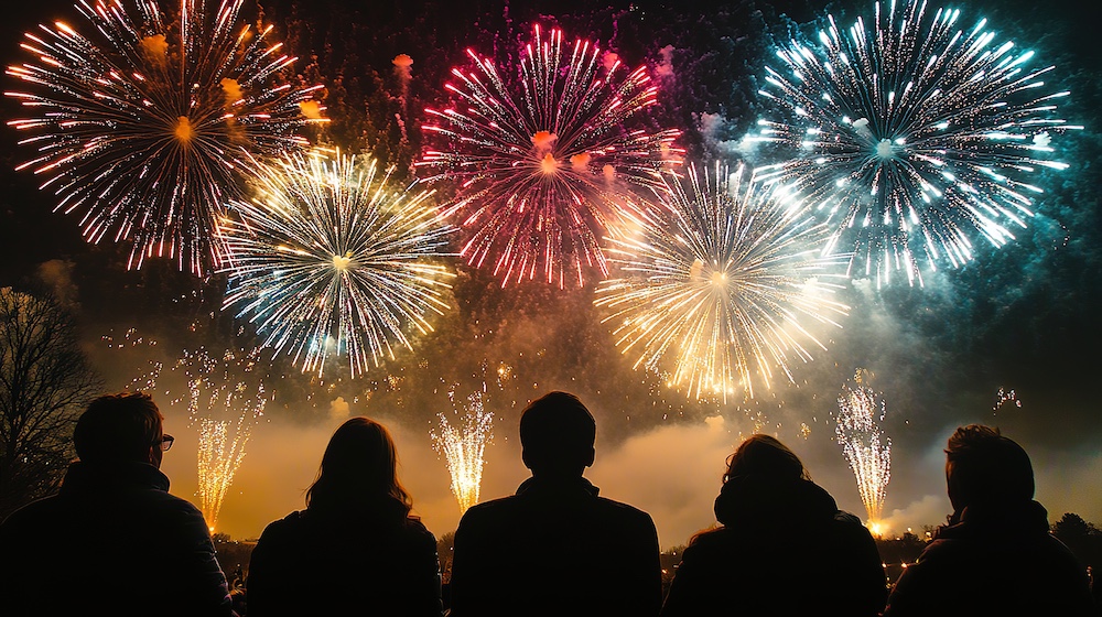 spectators enjoying vibrant fireworks display in night sky