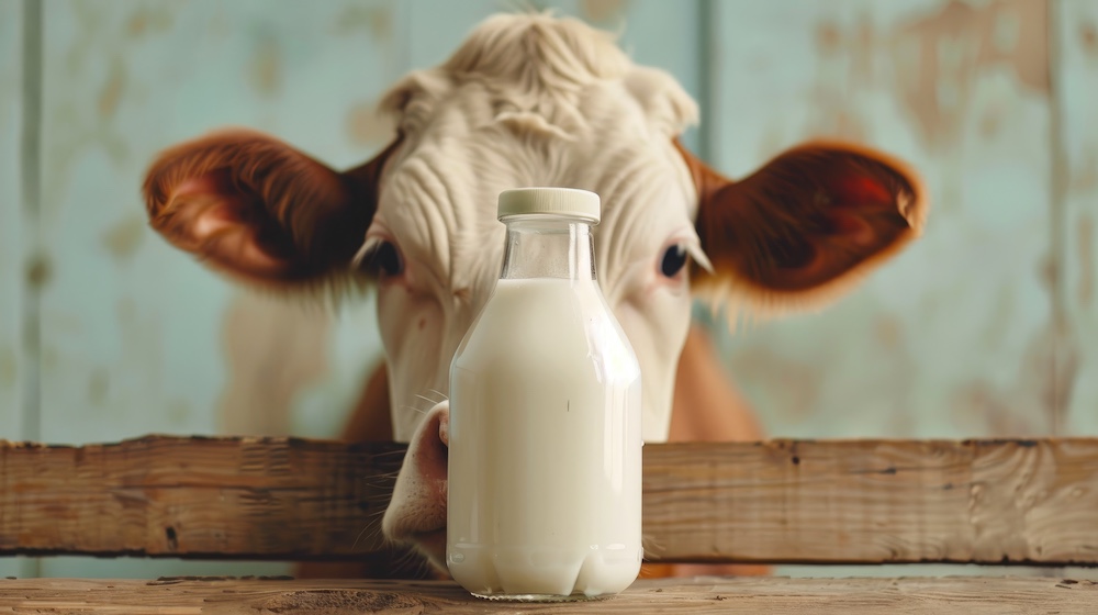 cow feeding behind bottle of milk