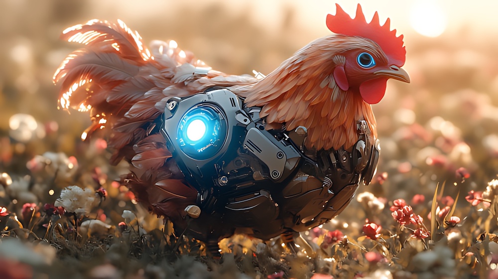 robotic chicken sunrise field farm future technology