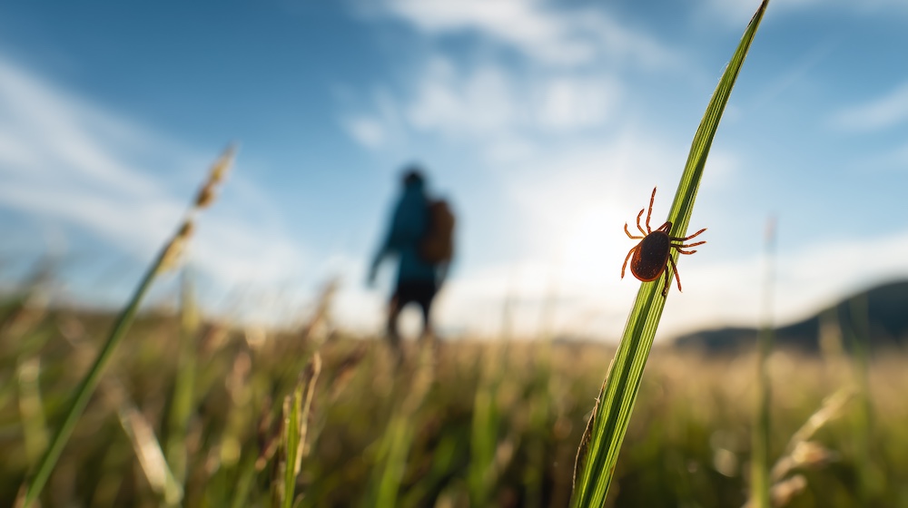 ixodes tick on green grass with human silhouette representing exposure to infection