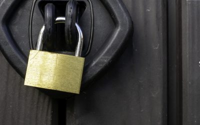 Close up of a chrome and gold textured padlock locking a plastic outside storage unit. Image taken on an overcast day.