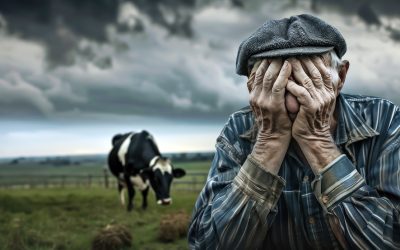 un agriculteur âgé de 60 ans, expression d'une personne déprimée, pleurant, mains sur le visage, arrière plan d'une ferme avec des vaches laitières, ciel nuageux et ambiance dramatique.