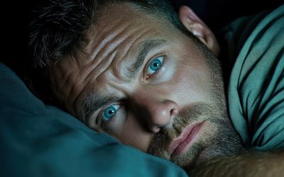 man struggling to sleep at night, lying awake in the darkness, battling insomnia
