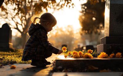 a young child kneels in a cemetery, placing flowers at a grave during a serene sunset, capturing a moment of remembrance.